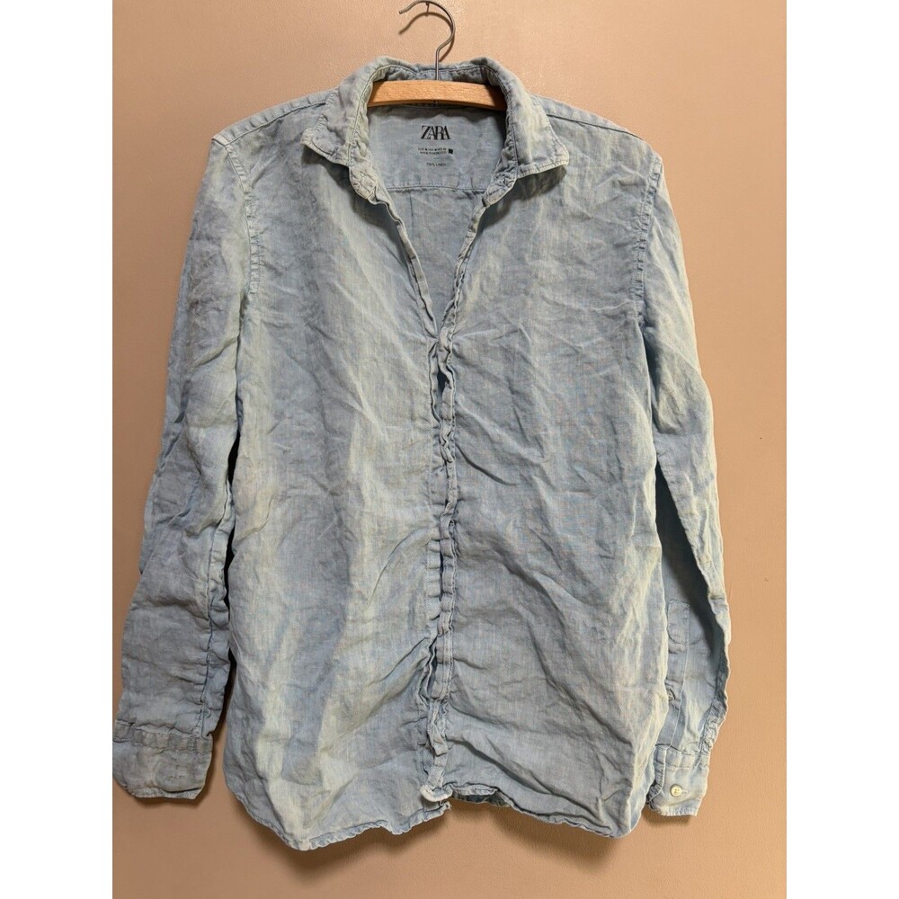 Zara Women 100% Linen Denim Blue Button Down Shirt Medium Long Sleeve Flawed